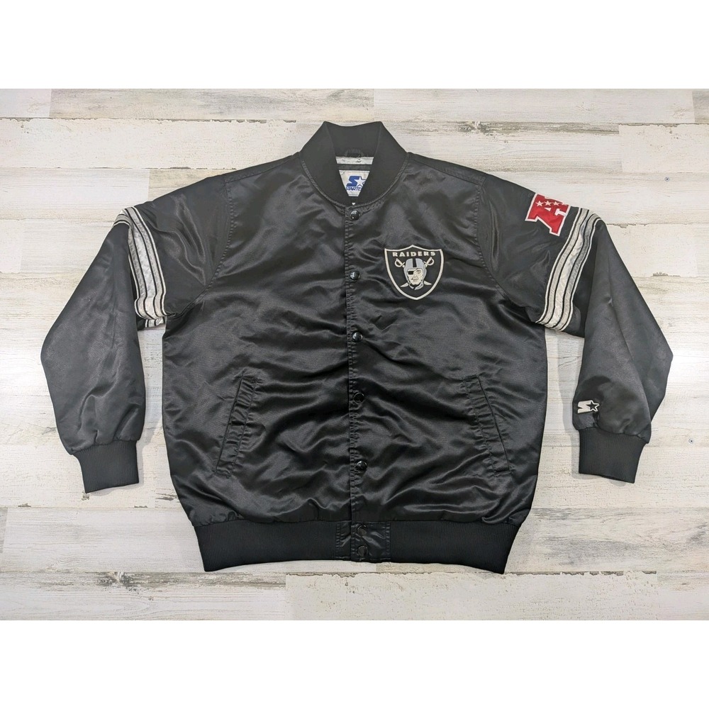 Vintage Starter Jacket Mens Extra Large Black Raiders Satin Snap Button Bomber